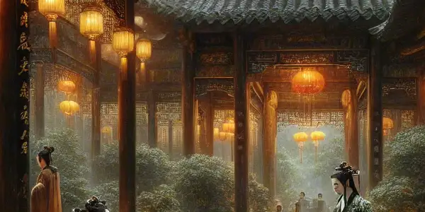 An intimate scene in an ancient Chinese courtyard with elegant figures, lush greenery, and warm lantern light.