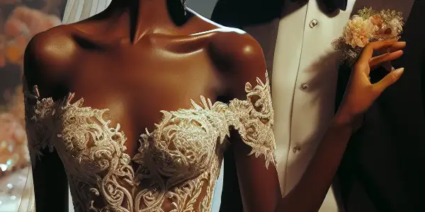 A romantic wedding scene featuring a couple in formal attire, with playful interactions and subtle hints of adult themes.