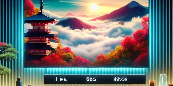 A modern living room with a large TV displaying a vibrant movie interface, accented by Japanese cultural elements.