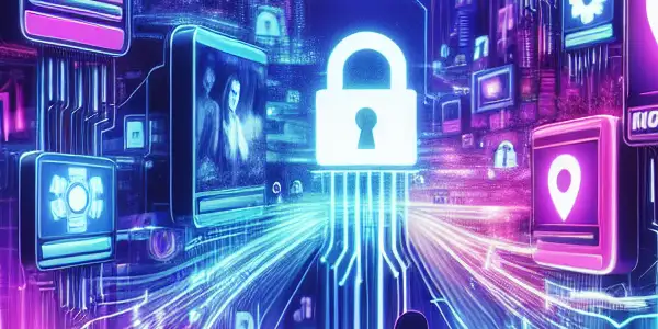 A futuristic digital landscape with glowing screens showcasing adult films, vibrant colors, and symbols of security and exploration.