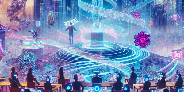 A futuristic adult film set with VR headsets, holographic displays, and diverse individuals exploring immersive sensory experiences.<a href=