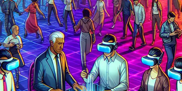 A futuristic gaming scene with players in VR headsets, engaging with diverse anime-inspired characters in a vibrant, high-tech environment.