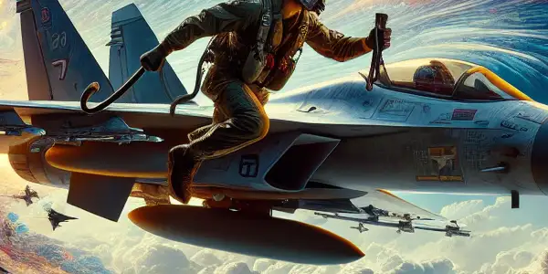 Aerial battle scene with fighter jets, a determined Chinese pilot, and elements of patriotism amidst dramatic clouds and explosions.