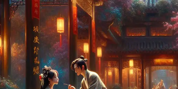 A passionate romance between Ximen Qing and Pan Jinlian in a traditional Chinese courtyard under a moonlit sky.
