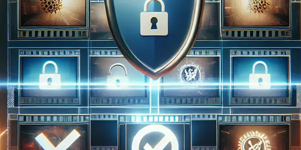 A modern digital interface showcasing safe adult content with thumbnails, security icons, and a tech-inspired background.