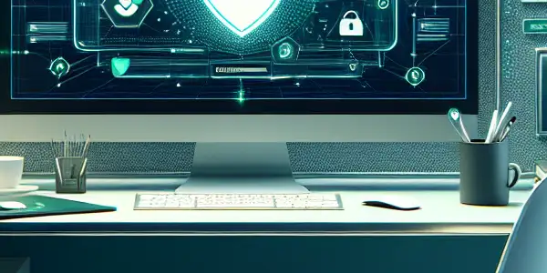 A modern workspace with a computer displaying a safe and secure adult content browsing interface.