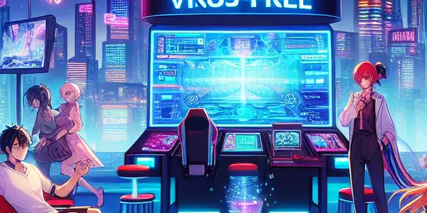 A vibrant, futuristic gaming room with diverse characters playfully interacting in a safe, virus-free environment.