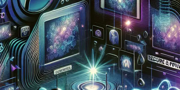 A futuristic search engine interface for adult entertainment, featuring vibrant colors, glowing elements, and a serene atmosphere.