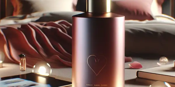 A romantic bedroom scene featuring a stylish lubricant bottle, rose petals, and intertwined hands, evoking intimacy and safety.