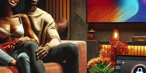 A cozy living room with a couple enjoying abstract visuals on a screen, emphasizing safety and intimacy.