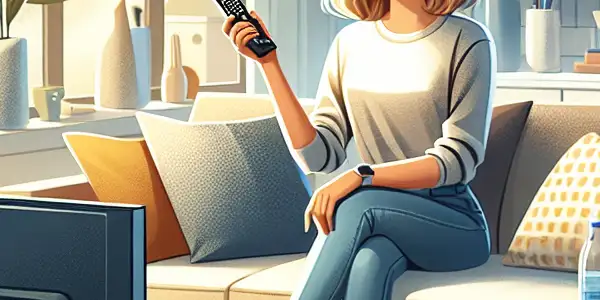 A cozy living room with a relaxed individual watching a safe movie, emphasizing hygiene and comfort.