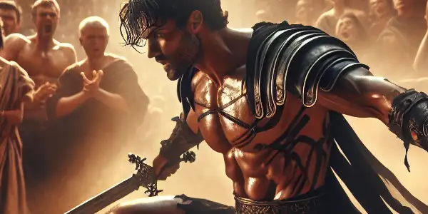 A dramatic scene of a muscular gladiator in a Roman arena, surrounded by an excited crowd.