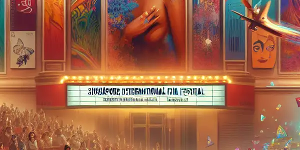 A vibrant film festival scene with diverse enthusiasts, colorful posters, and a grand theater ambiance celebrating cinema's artistic diversity.