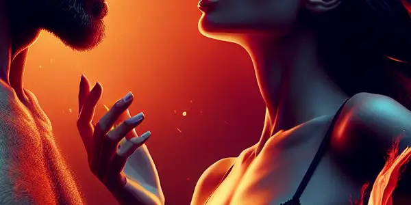 A passionate interaction between characters in a vibrant, cinematic setting, symbolizing desire and connection.