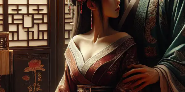 An intimate moment between Jia Baoyu and Lin Daiyu in a luxurious traditional Chinese room.