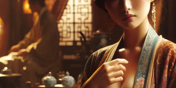 A sophisticated woman in Hanfu gazes thoughtfully from a dimly-lit room adorned with intricate Chinese decor.