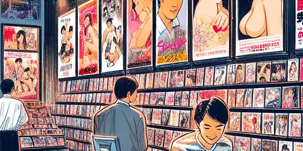 A lively adult entertainment store filled with colorful movie posters, shelves of films, and engaged customers exploring the aisles.