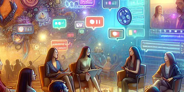 A cozy virtual chat room filled with diverse individuals discussing adult films, surrounded by vibrant colors and thematic decorations.