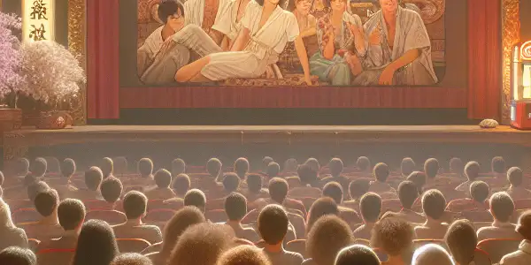 A nostalgic 1980s cinema scene with diverse audience reactions, cherry blossoms, and vintage decor showcasing classic films.