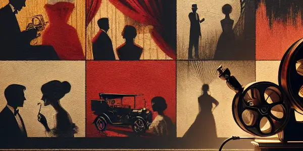 A dimly lit room with a vintage screen displaying abstract colors and suggestive silhouettes, evoking allure and taboo themes.