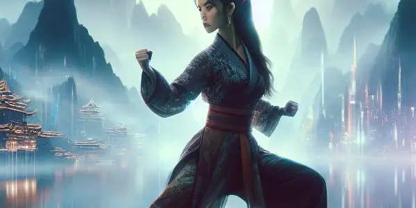 Michelle Yeoh as a martial artist in a dynamic pose amidst traditional landscapes and futuristic cityscapes.