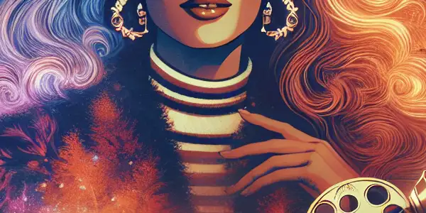 A confident woman in a stylish urban setting explores themes of female desire and empowerment, surrounded by symbols of self-discovery.