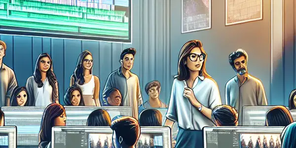 A diverse group of students engaged in a professional film editing class focused on adult film techniques.