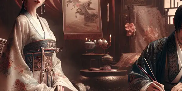 A romantic scene in a dimly lit Chinese courtyard featuring Liu Rushi in elegant Hanfu with scholar Qian Qianyi.