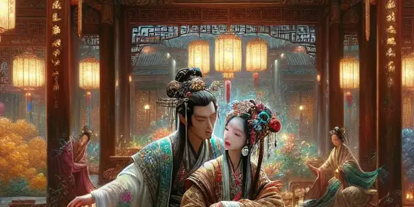 A lush Ming Dynasty courtyard featuring Xi Menqing and Pan Jinlian in traditional attire, exuding desire and intrigue.