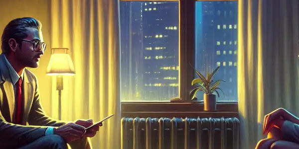 A secretive encounter between an office worker and his alluring neighbor in a cozy, intimate living room.