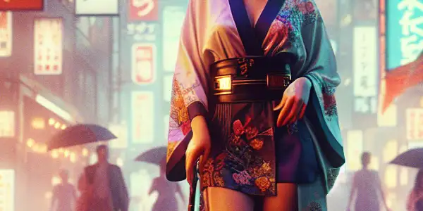 A vibrant Tokyo street at night featuring a confident woman in a provocative outfit amidst neon lights and playful interactions.