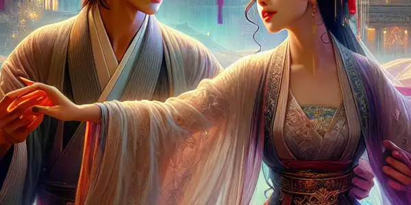 A passionate couple embraces in a dimly lit Taiwanese tea house, surrounded by cultural elements and romantic ambiance.